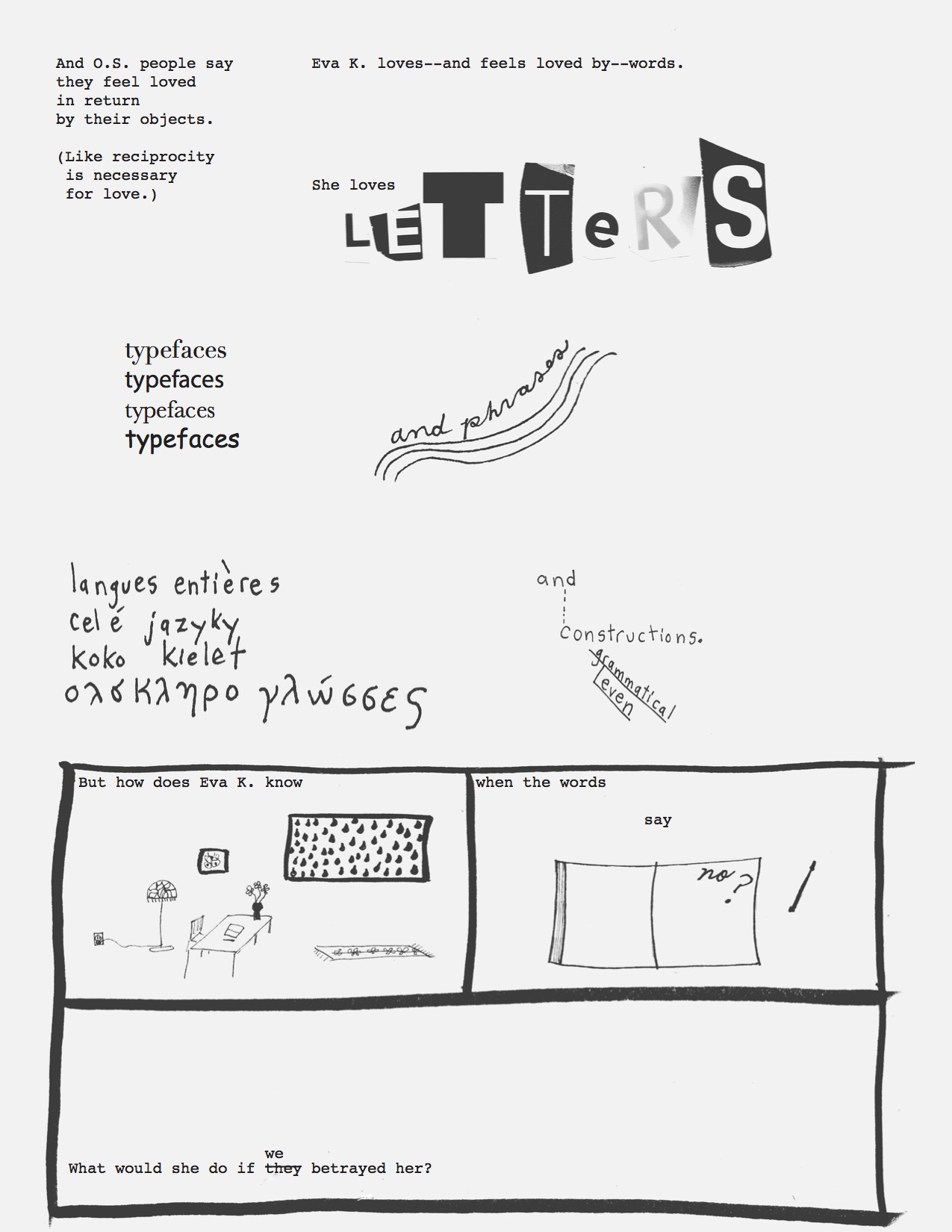 mostly illegible visual poetry/comic with the word LETTERS appearing prominently in cut-out letters like a ransom note