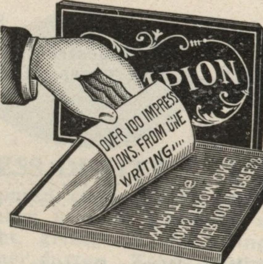 vintage illustration of a hand demonstrating block printing. The paper printed reads 'Over 100 impressions from one writing'